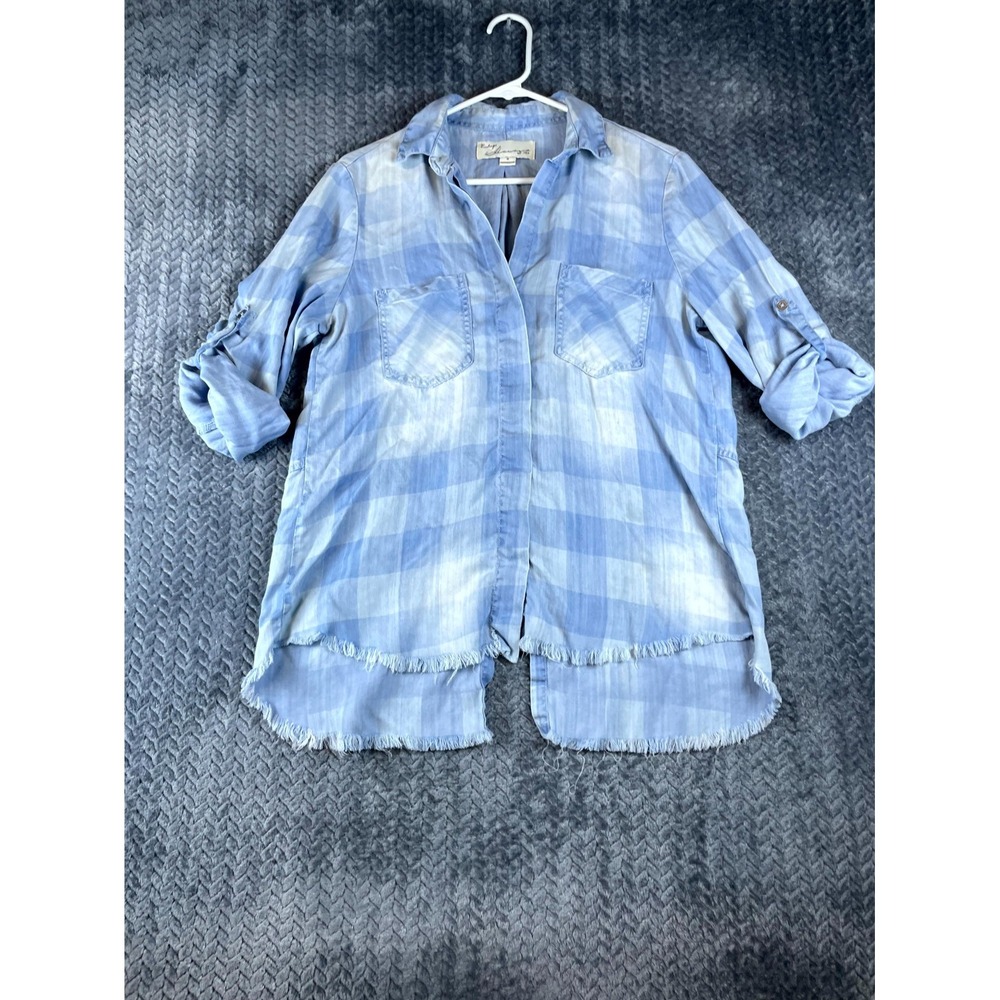 Vintage Havana Shirt Womens Small Blue Plaid High Low Hem Frayed Roll Tab Sleeve